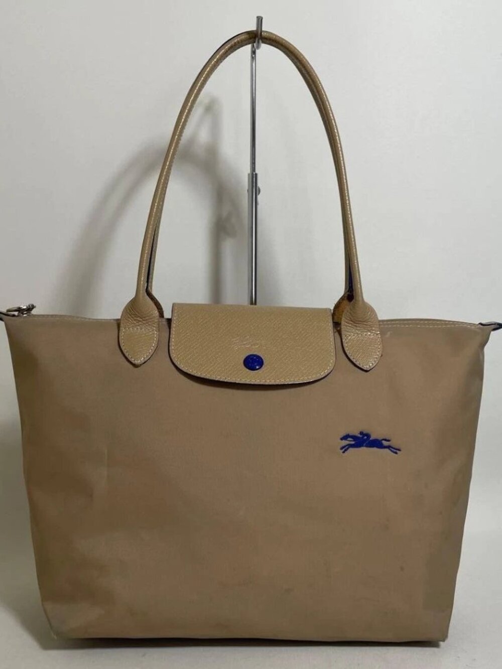 Beige Nylon & Leather Trim Medium Tote Shoulder Bag